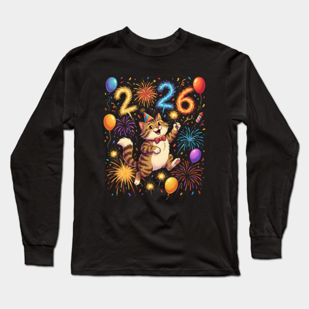 Celebratory Cat with Fireworks for New Year 2026 Long Sleeve T-Shirt by Creatifly Graphic Tees