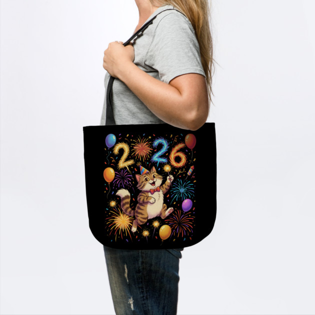 Celebratory Cat with Fireworks for New Year 2026 by Creatifly Graphic Tees