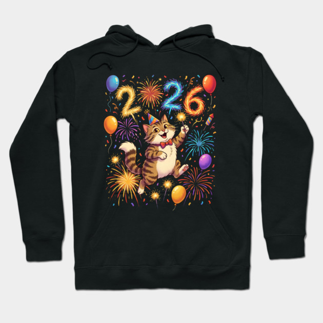 Celebratory Cat with Fireworks for New Year 2026 Hoodie by Creatifly Graphic Tees