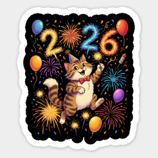 Celebratory Cat with Fireworks for New Year 2026 Sticker