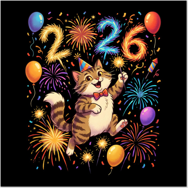Celebratory Cat with Fireworks for New Year 2026 Wall Art by Creatifly Graphic Tees