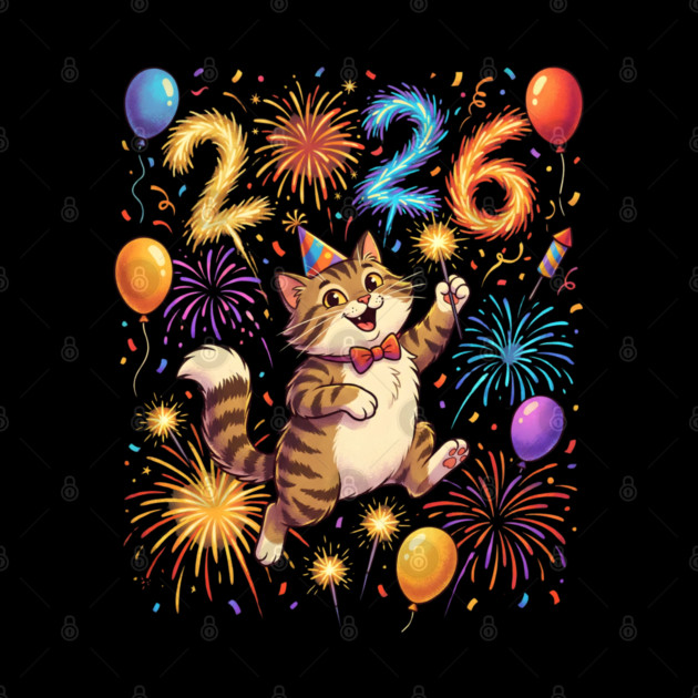 Celebratory Cat with Fireworks for New Year 2026 by Creatifly Graphic Tees