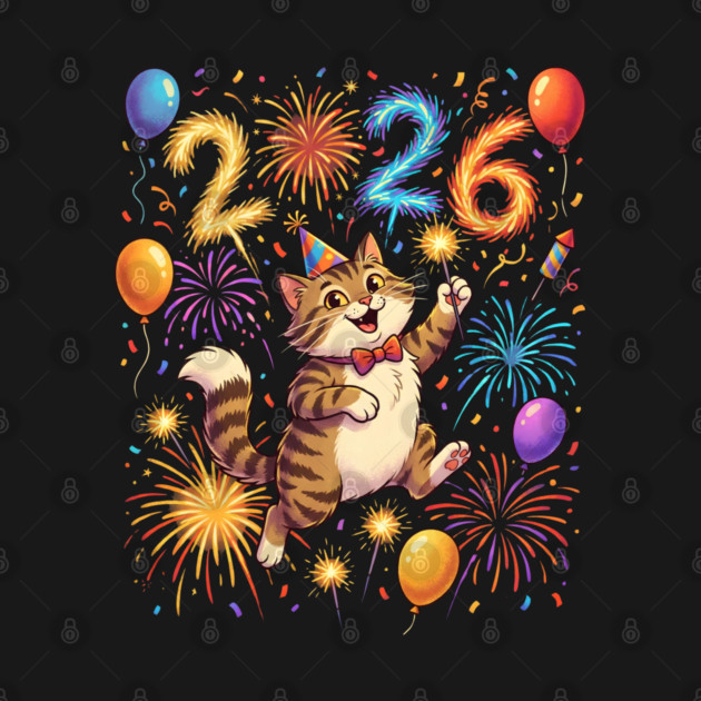 Celebratory Cat with Fireworks for New Year 2026 by Creatifly Graphic Tees