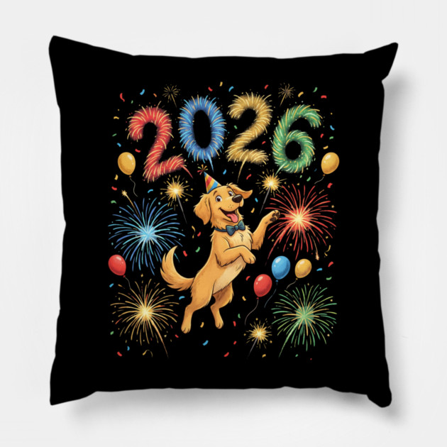 Joyful Golden Retriever Welcoming 2026 with Fireworks Pillow by Creatifly Graphic Tees