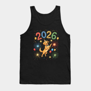 Joyful Golden Retriever Welcoming 2026 with Fireworks Tank Top