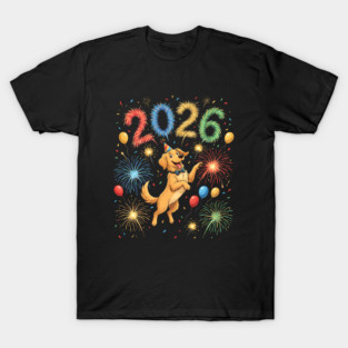Joyful Golden Retriever Welcoming 2026 with Fireworks T-Shirt