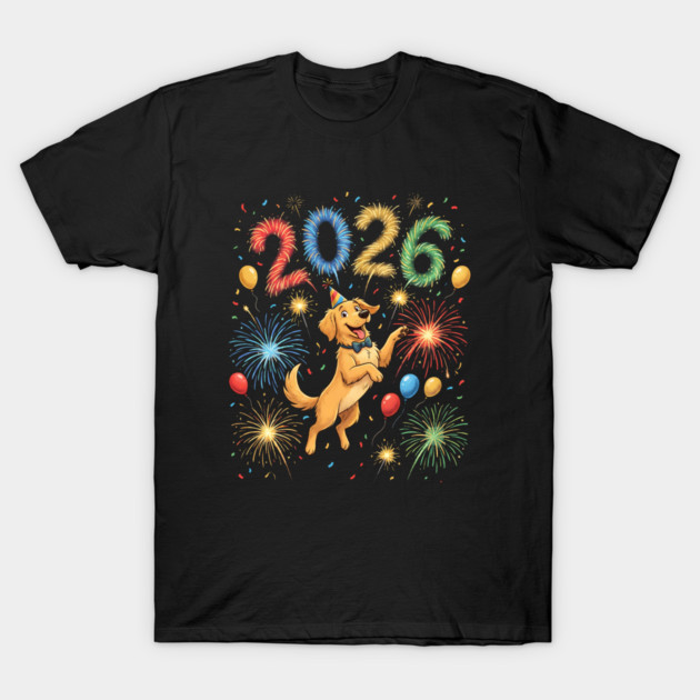 Joyful Golden Retriever Welcoming 2026 with Fireworks T-Shirt by Creatifly Graphic Tees