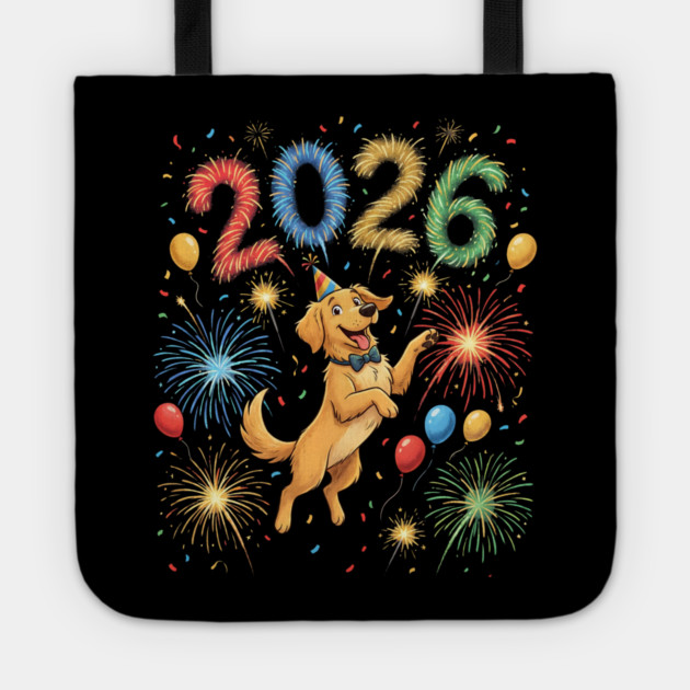Joyful Golden Retriever Welcoming 2026 with Fireworks Tote by Creatifly Graphic Tees