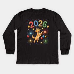 Joyful Golden Retriever Welcoming 2026 with Fireworks Kids Long Sleeve T-Shirt
