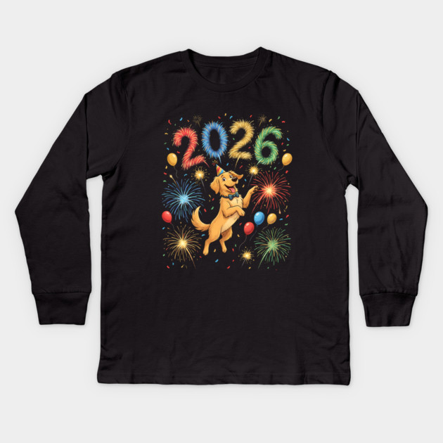 Joyful Golden Retriever Welcoming 2026 with Fireworks Kids Long Sleeve T-Shirt by Creatifly Graphic Tees