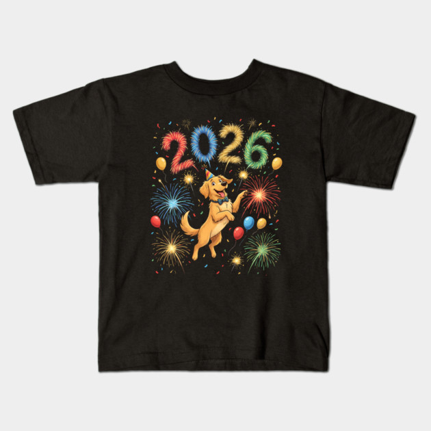 Joyful Golden Retriever Welcoming 2026 with Fireworks Kids T-Shirt by Creatifly Graphic Tees