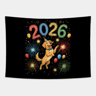 Joyful Golden Retriever Welcoming 2026 with Fireworks Tapestry