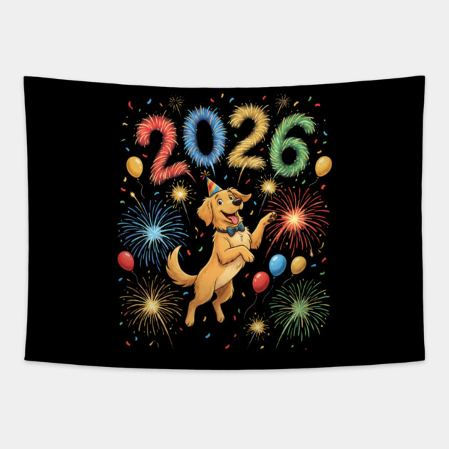 Joyful Golden Retriever Welcoming 2026 with Fireworks Tapestry by Creatifly Graphic Tees