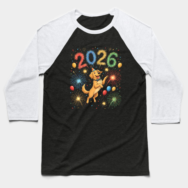 Joyful Golden Retriever Welcoming 2026 with Fireworks Baseball T-Shirt by Creatifly Graphic Tees