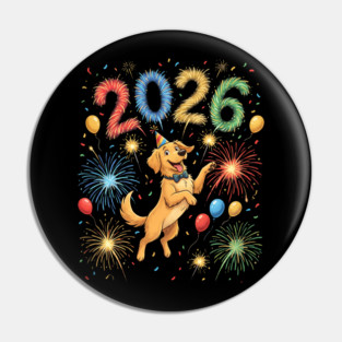 Joyful Golden Retriever Welcoming 2026 with Fireworks Pin