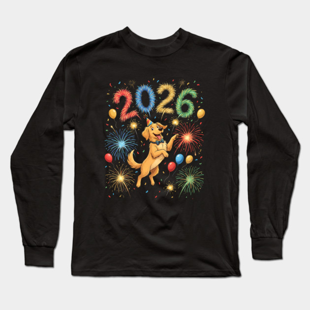 Joyful Golden Retriever Welcoming 2026 with Fireworks Long Sleeve T-Shirt by Creatifly Graphic Tees
