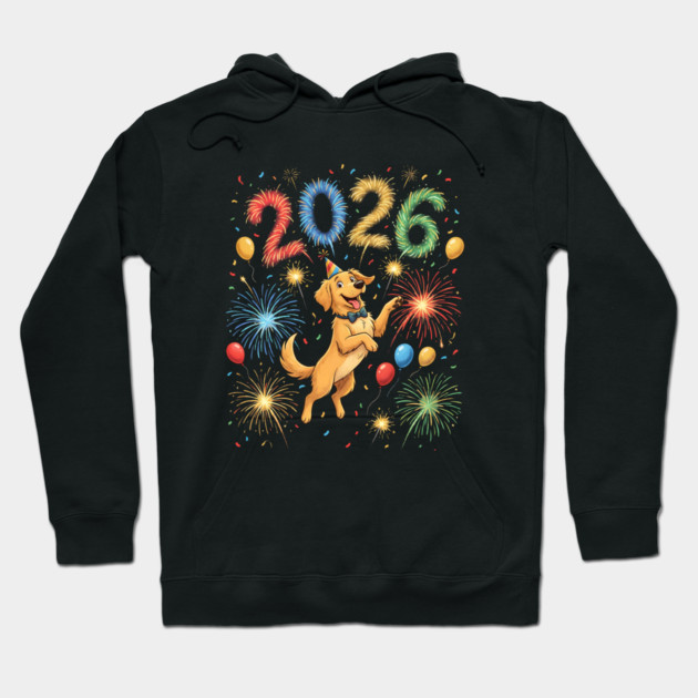 Joyful Golden Retriever Welcoming 2026 with Fireworks Hoodie by Creatifly Graphic Tees