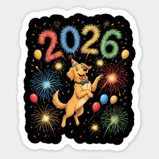Joyful Golden Retriever Welcoming 2026 with Fireworks Sticker