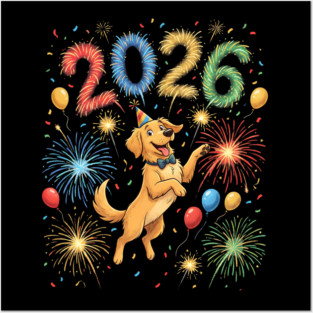 Joyful Golden Retriever Welcoming 2026 with Fireworks Posters and Art