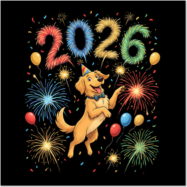 Joyful Golden Retriever Welcoming 2026 with Fireworks Wall Art by Creatifly Graphic Tees