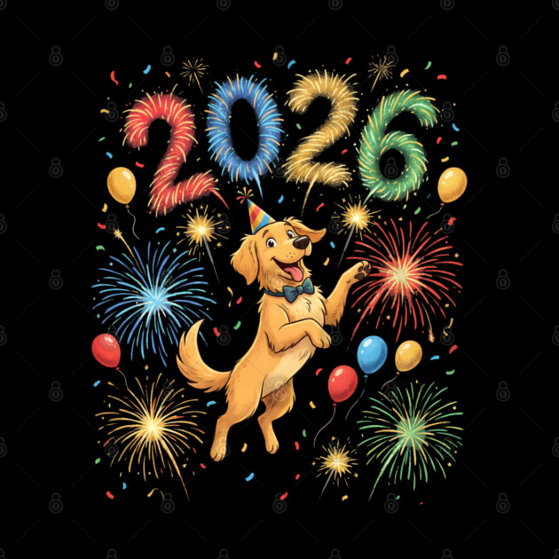 Joyful Golden Retriever Welcoming 2026 with Fireworks by Creatifly Graphic Tees