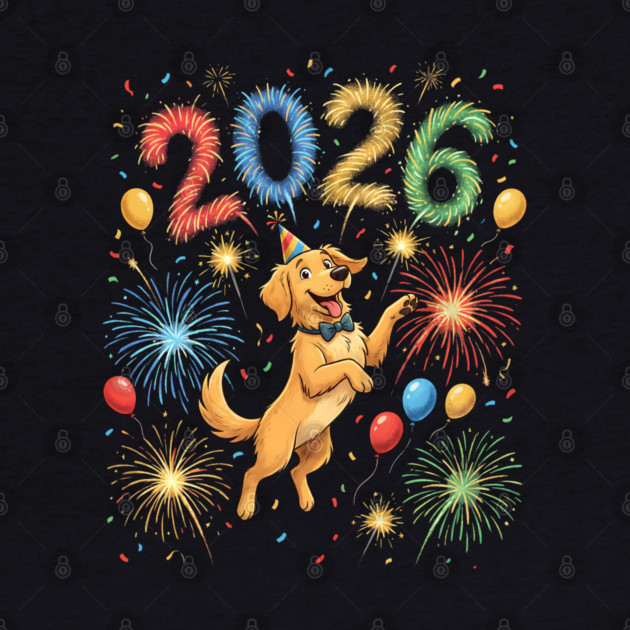 Joyful Golden Retriever Welcoming 2026 with Fireworks by Creatifly Graphic Tees