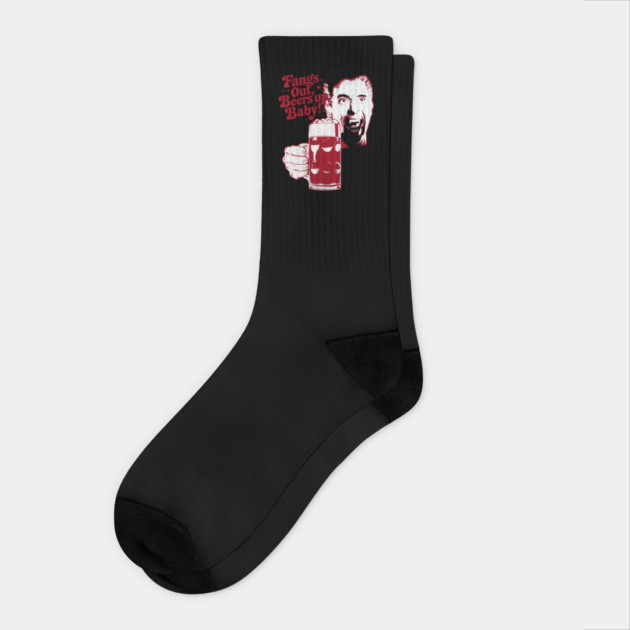 Fangs Out, Beers Up – Vintage Dracula Drinker Design Socks by Joaddo