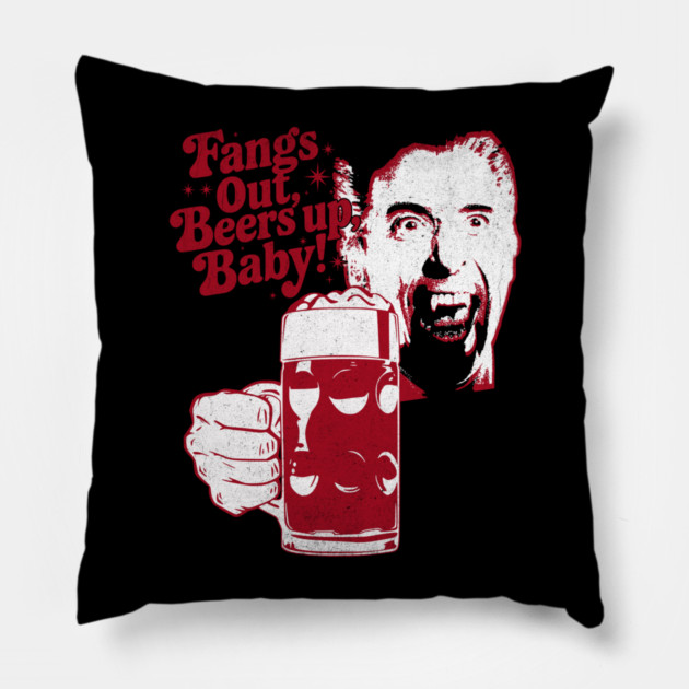 Fangs Out, Beers Up – Vintage Dracula Drinker Design Pillow by Joaddo