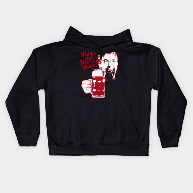 Fangs Out, Beers Up – Vintage Dracula Drinker Design Kids Hoodie by Joaddo