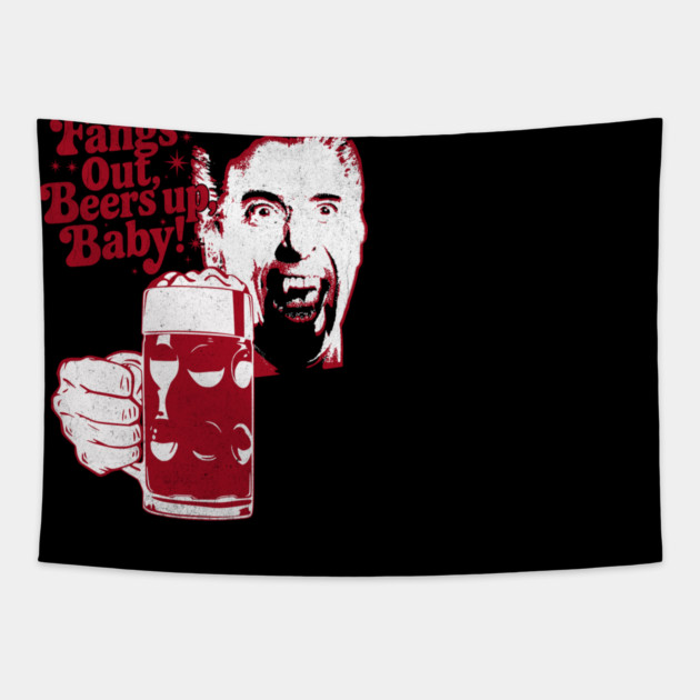 Fangs Out, Beers Up – Vintage Dracula Drinker Design Tapestry by Joaddo