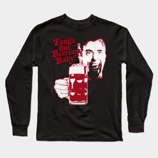 Fangs Out, Beers Up – Vintage Dracula Drinker Design Long Sleeve T-Shirt by Joaddo