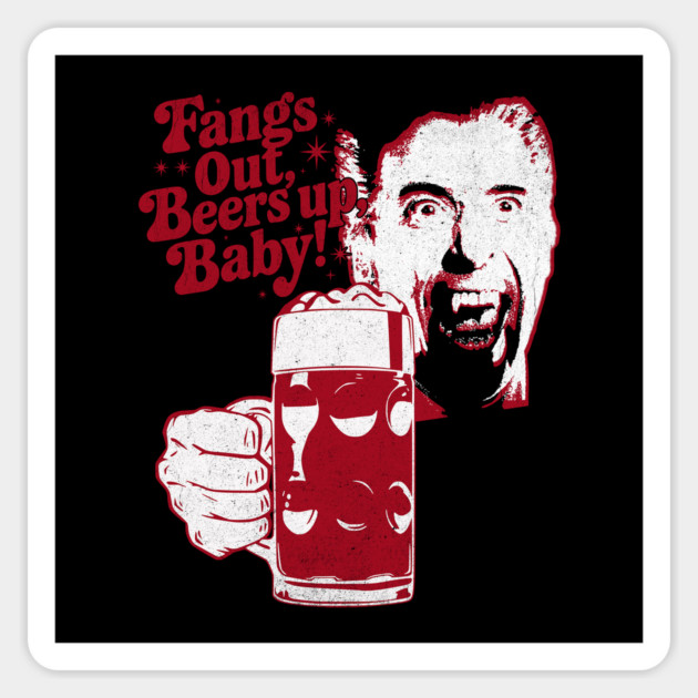 Fangs Out, Beers Up – Vintage Dracula Drinker Design Magnet by Joaddo
