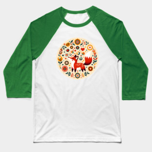 Red Fox in Bloom – Scandinavian Folk Art Back to School Design © heidiannemorris Baseball T-Shirt