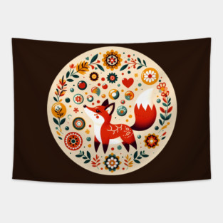 Red Fox in Bloom – Scandinavian Folk Art Back to School Design © heidiannemorris Tapestry