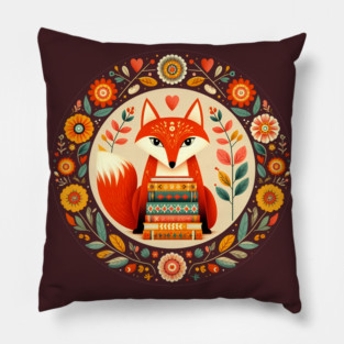 Bookish Fox – Scandinavian Folk Art Back to School Design © heidiannemorris Pillow