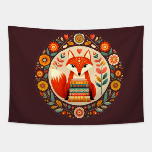 Bookish Fox – Scandinavian Folk Art Back to School Design © heidiannemorris Tapestry