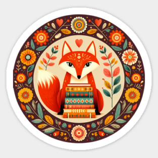 Bookish Fox – Scandinavian Folk Art Back to School Design © heidiannemorris Sticker
