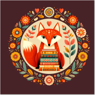 Bookish Fox – Scandinavian Folk Art Back to School Design © heidiannemorris Posters and Art