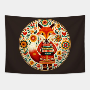 Bookish Fox – Scandinavian Folk Art Back to School Design © heidiannemorris Tapestry