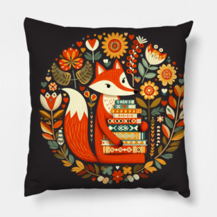 Bookish Fox – Scandinavian Folk Art Back to School Design © heidiannemorris Pillow