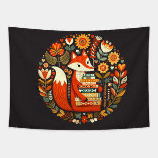 Bookish Fox – Scandinavian Folk Art Back to School Design © heidiannemorris Tapestry