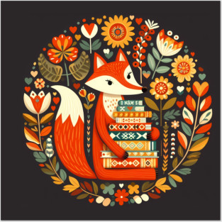 Bookish Fox – Scandinavian Folk Art Back to School Design © heidiannemorris Posters and Art