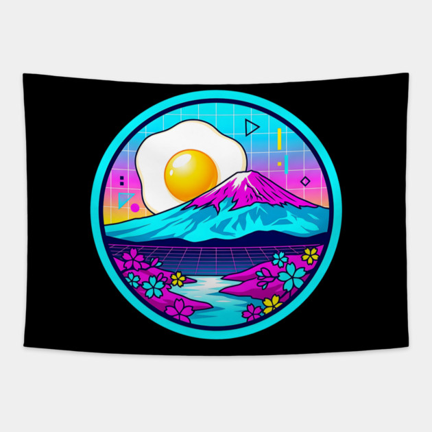 Vaporwave Mount Fuji Rising Egg Sun Tapestry by Designed By Marty