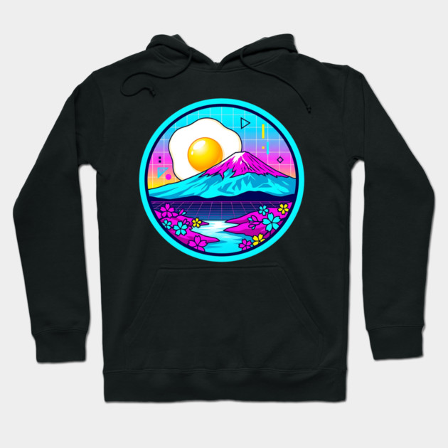 Vaporwave Mount Fuji Rising Egg Sun Hoodie by Designed By Marty