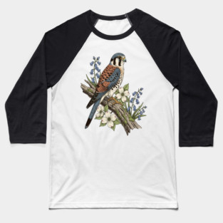 American Kestrel with Bluebells and Dogwood Botanicals Baseball T-Shirt