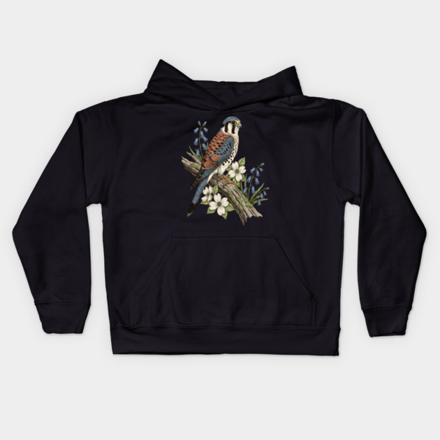 American Kestrel with Bluebells and Dogwood Botanicals Kids Hoodie by BirdsnStuff
