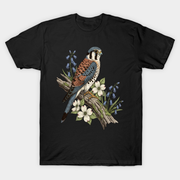American Kestrel with Bluebells and Dogwood Botanicals T-Shirt by BirdsnStuff