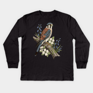 American Kestrel with Bluebells and Dogwood Botanicals Kids Long Sleeve T-Shirt
