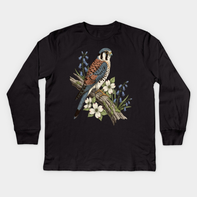 American Kestrel with Bluebells and Dogwood Botanicals Kids Long Sleeve T-Shirt by BirdsnStuff