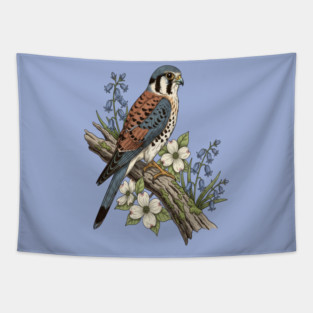 American Kestrel with Bluebells and Dogwood Botanicals Tapestry